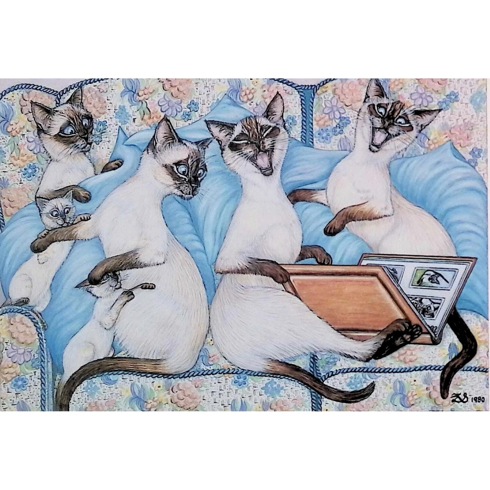 Zoe Stokes Siamese Cat Family Kittens 1980 Vintage Book Plate Pet Wall Art